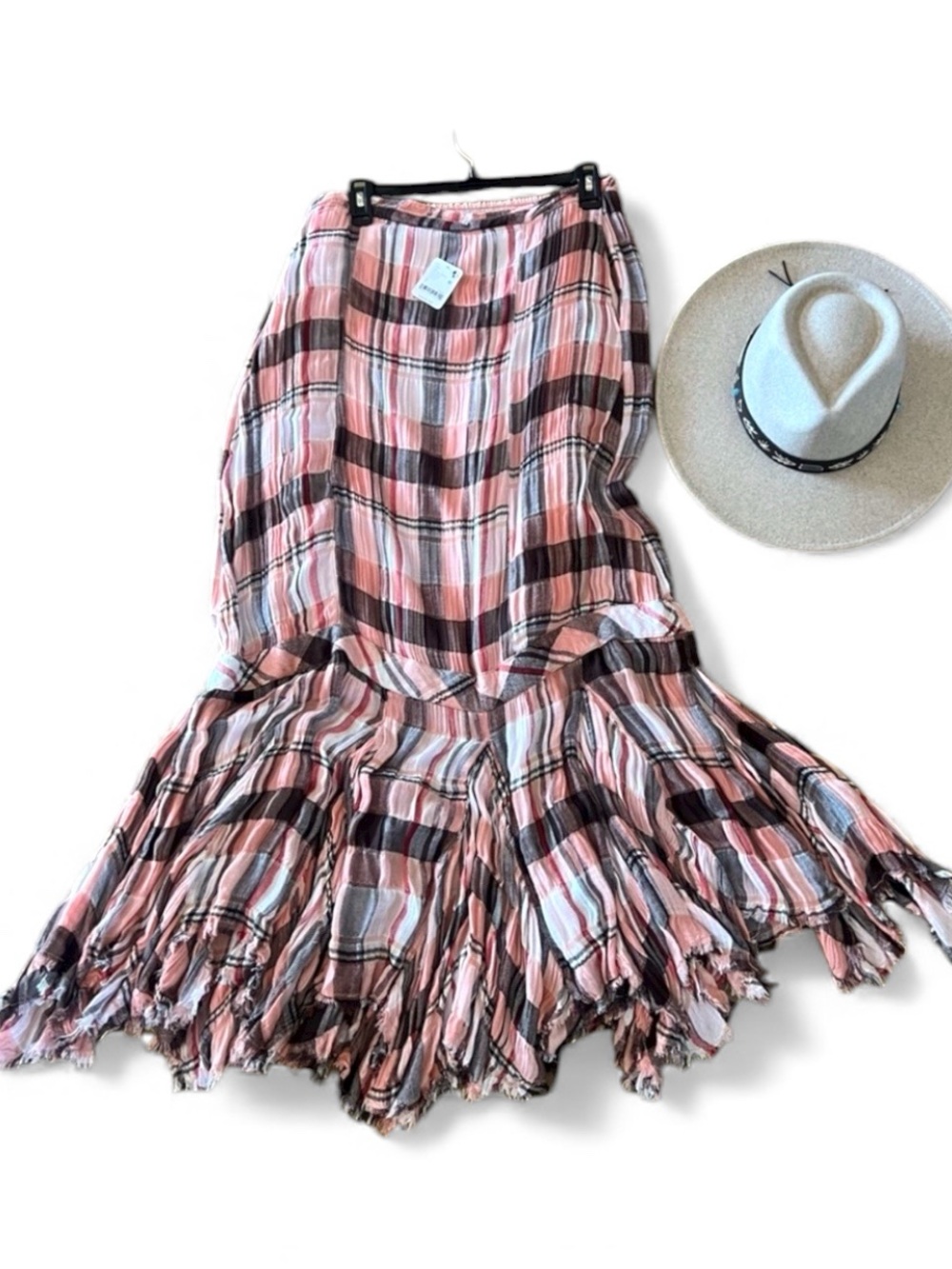 NWT Free People skirt Bordeaux Plaid Tiered Maxi peach - renaissance S (XS-M?) - Picture 8 of 17